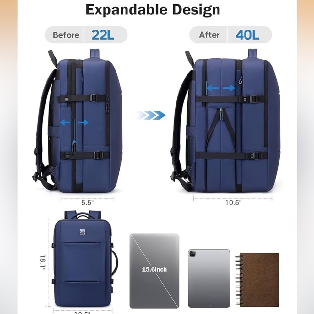 40L Flight Approved Travel Backpack Expandable Water-Resistant 17” Laptop Bag - Picture 2 of 5